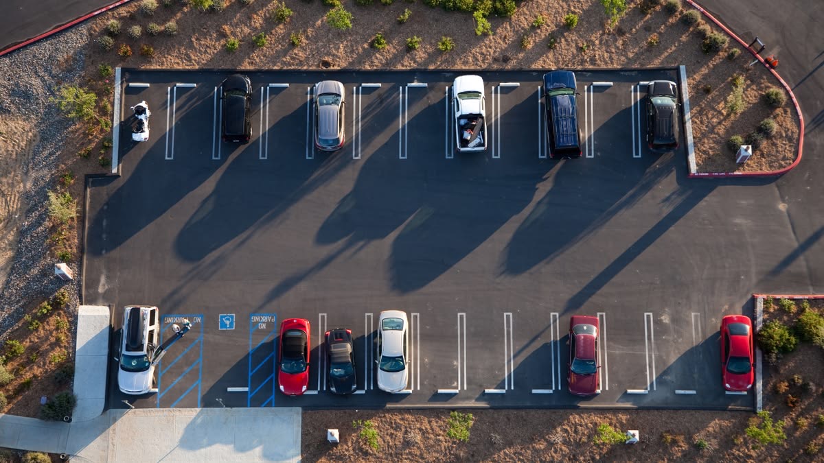 Aerial view of a marked outdoor parking lot